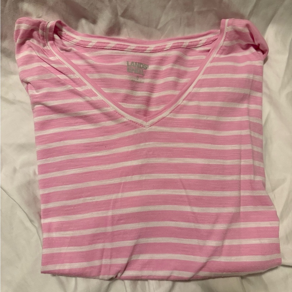 Lands' End Pink and White Striped V-Neck Tee